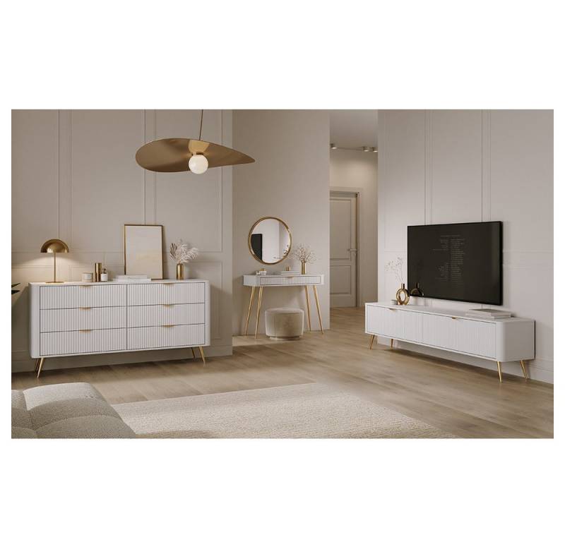 Lomadox Wohnzimmer-Set LANGON-167, (Mega-Spar-Set, 3-St., TV-Lowboard Kommode Schminktisch), weiß, mit Rillenfront, goldfarbene Griffe von Lomadox