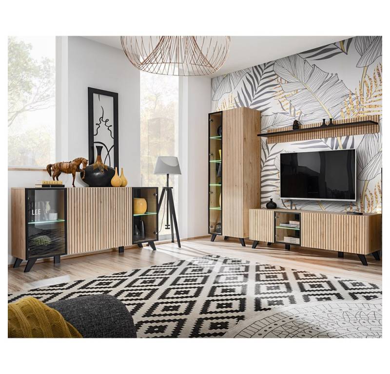 Lomadox Wohnzimmer-Set LATERZA-164, (Mega-Spar-Set, 4-St., Sideboard Vitrine Wandboard Lowboard), Wohnwand, LED-Beleuchtung, Kastanienholzoptik mit schwarz von Lomadox