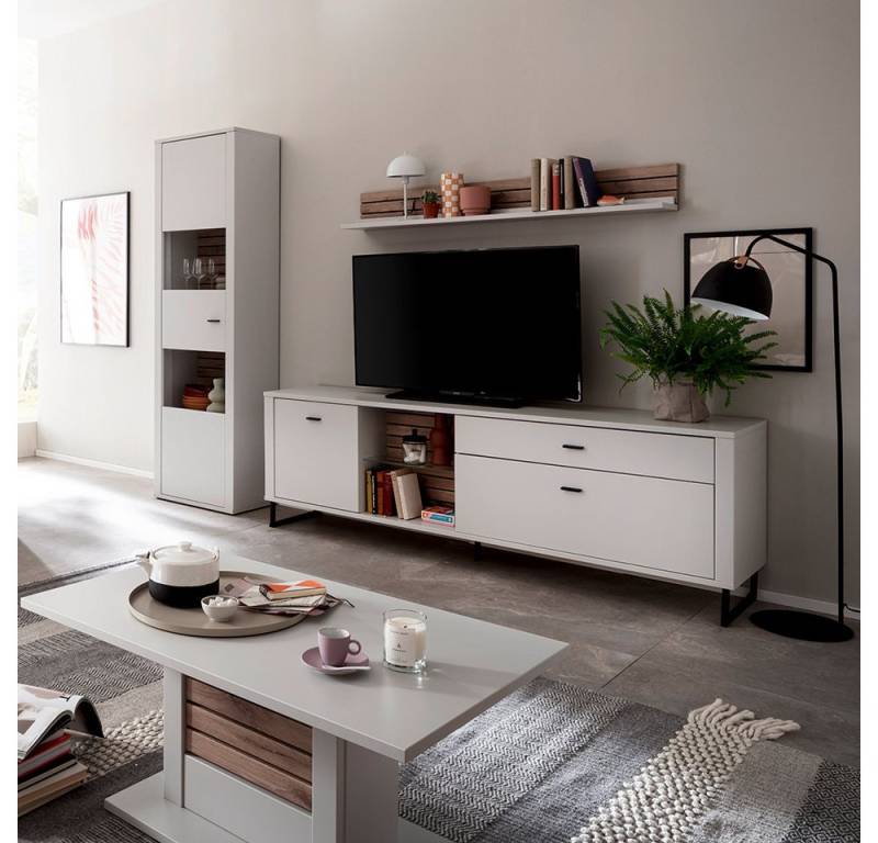 Lomadox Wohnzimmer-Set LAUREANA-05, (Mega-Spar-Set, 4-St., Vitrine Wandboard Lowboard Couchtisch), Wohnwand Wohnzimmermöbel, weiß mit Eiche von Lomadox