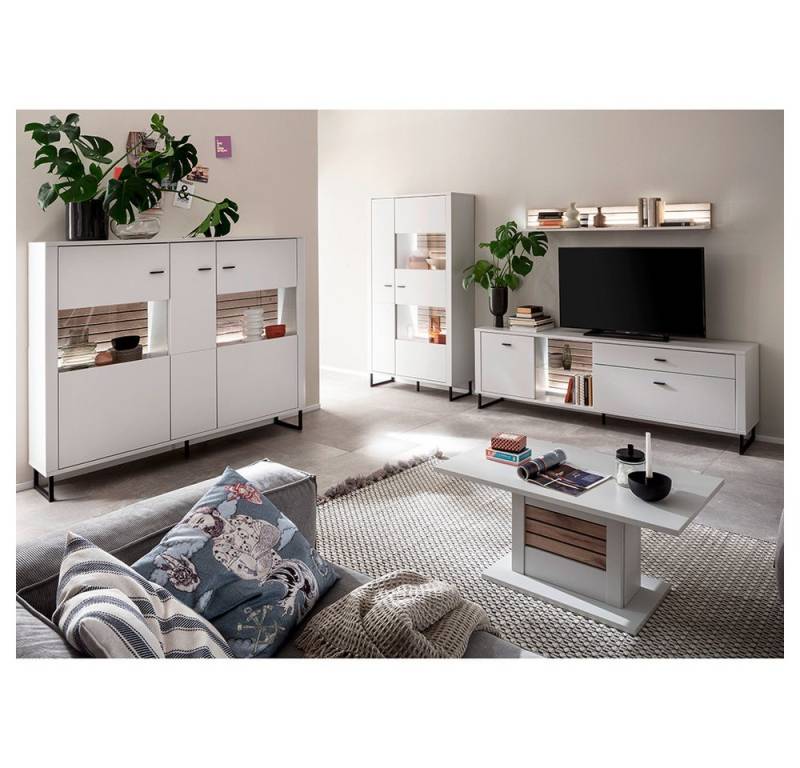 Lomadox Wohnzimmer-Set LAUREANA-05, (Mega-Spar-Set, 5-St., Highboard Vitrine Wandboard Lowboard Couchtisch), Wohnwand Wohnzimmermöbel, weiß mit Eiche, inkl. LED-Beleuchtung von Lomadox
