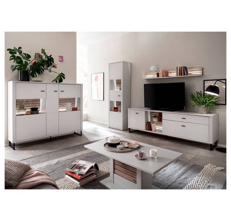 Lomadox Wohnzimmer-Set LAUREANA-05, (Mega-Spar-Set, 5-St., Highboard Vitrine Wandboard Lowboard Couchtisch), Wohnwand Wohnzimmermöbel, weiß mit Eiche, inkl. LED-Beleuchtung von Lomadox