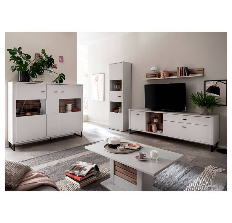 Lomadox Wohnzimmer-Set LAUREANA-05, (Mega-Spar-Set, 5-St., Highboard Vitrine Wandboard Lowboard Couchtisch), Wohnwand Wohnzimmermöbel, weiß mit Eiche von Lomadox