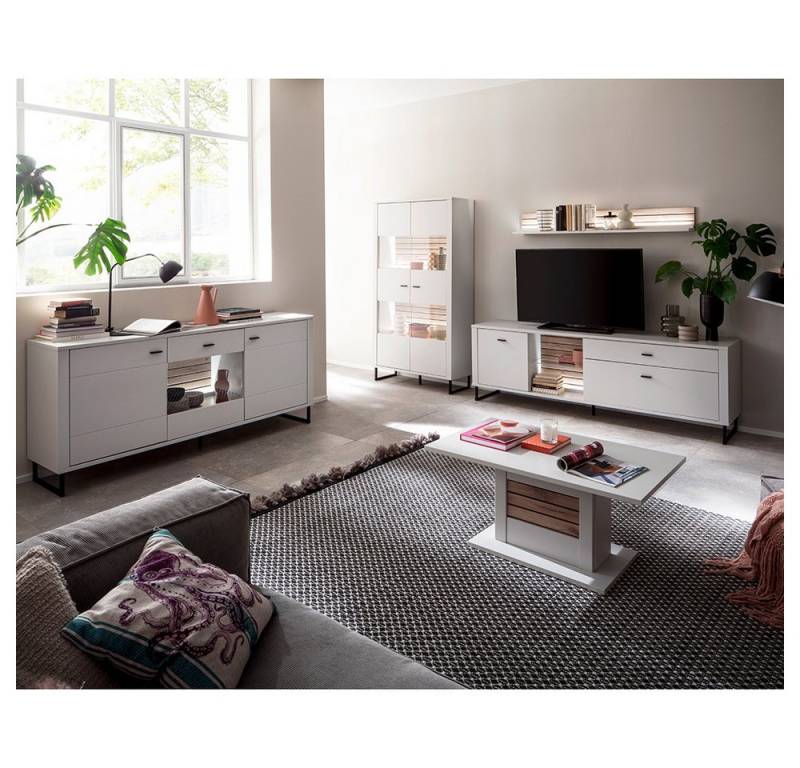 Lomadox Wohnzimmer-Set LAUREANA-05, (Mega-Spar-Set, 5-St., Sideboard Vitrine Wandboard Lowboard Couchtisch), Wohnwand Wohnzimmermöbel, weiß mit Eiche, inkl. LED-Beleuchtung von Lomadox