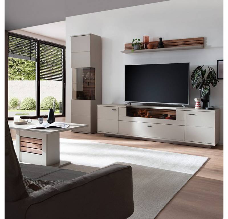 Lomadox Wohnzimmer-Set LIEZEN-05, (Mega-Spar-Set, 4-St., Vitrine Fernsehschrank Wandregal), grau mit Eiche von Lomadox
