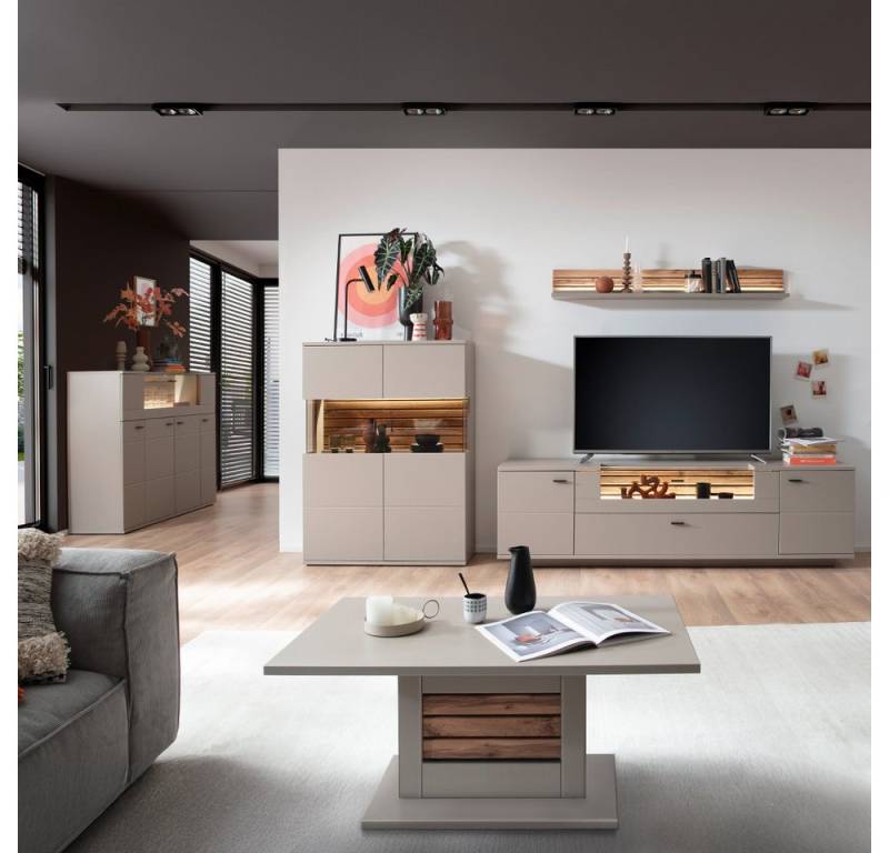 Lomadox Wohnzimmer-Set LIEZEN-05, (Mega-Spar-Set, 5-St., Higboard Highboard Fernsehschrank Wandregal Couchtisch), grau mit Eiche, inkl. Beleuchtung von Lomadox
