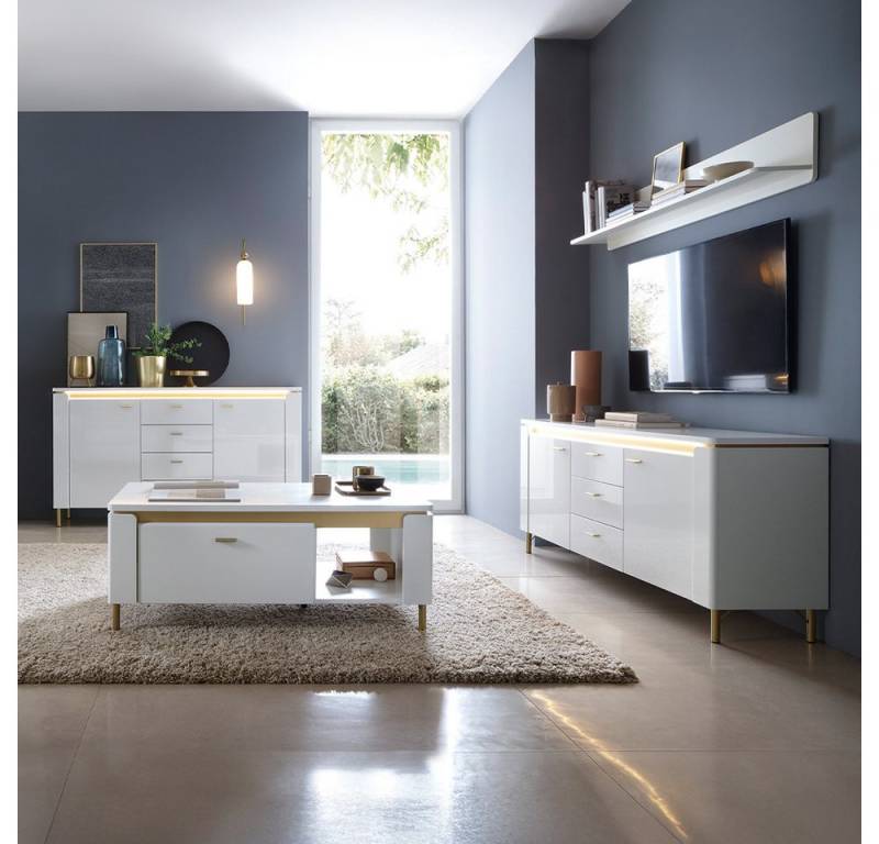 Lomadox Wohnzimmer-Set LUKA-129, (Mega-Spar-Set, 4-St., Lowboard Sideboard Wandregal Couchtisch), weiß mit goldfarbenen Akzenten von Lomadox