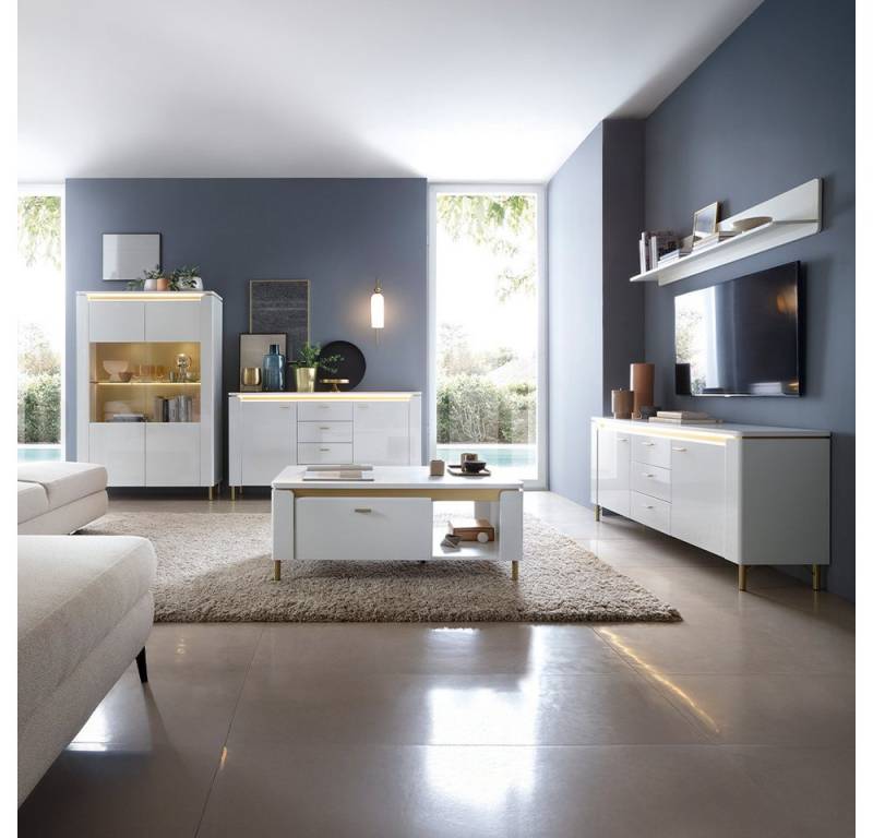 Lomadox Wohnzimmer-Set LUKA-129, (Mega-Spar-Set, 5-St., Lowboard Sideboard Wandregal Couchtisch Vitrinenschrank), weiß mit goldfarbenen Akzenten von Lomadox