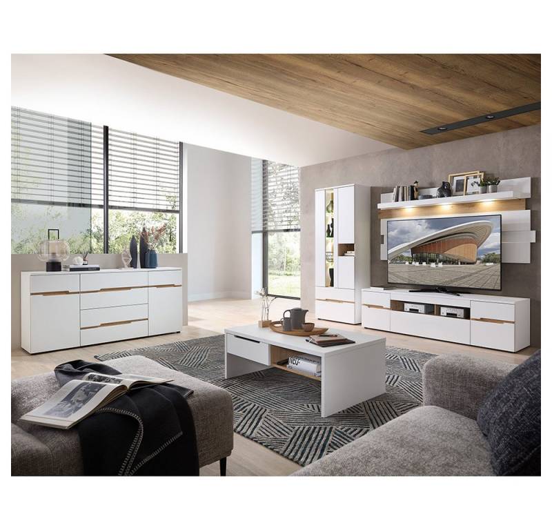 Lomadox Wohnzimmer-Set MANRESA-36-WHITE, (Mega-Spar-Set, 5-St., Sideboard Vitrine Wandboard Lowboard Couchtisch), in weiß supermatt mit Eiche, inkl. LED-Beleuchtung von Lomadox
