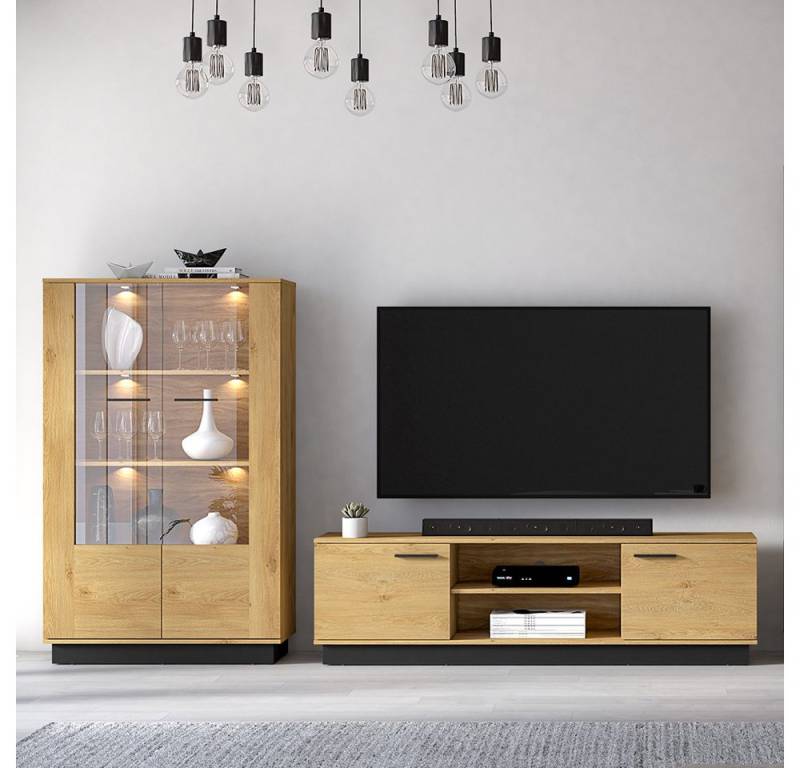 Lomadox Wohnzimmer-Set MARSALA-131, (Mega-Spar-Set, 2-St., Vitrine Lowboard), In Eiche mit schwarzen Akzenten, Beleuchtung und Softclose-Funktion von Lomadox