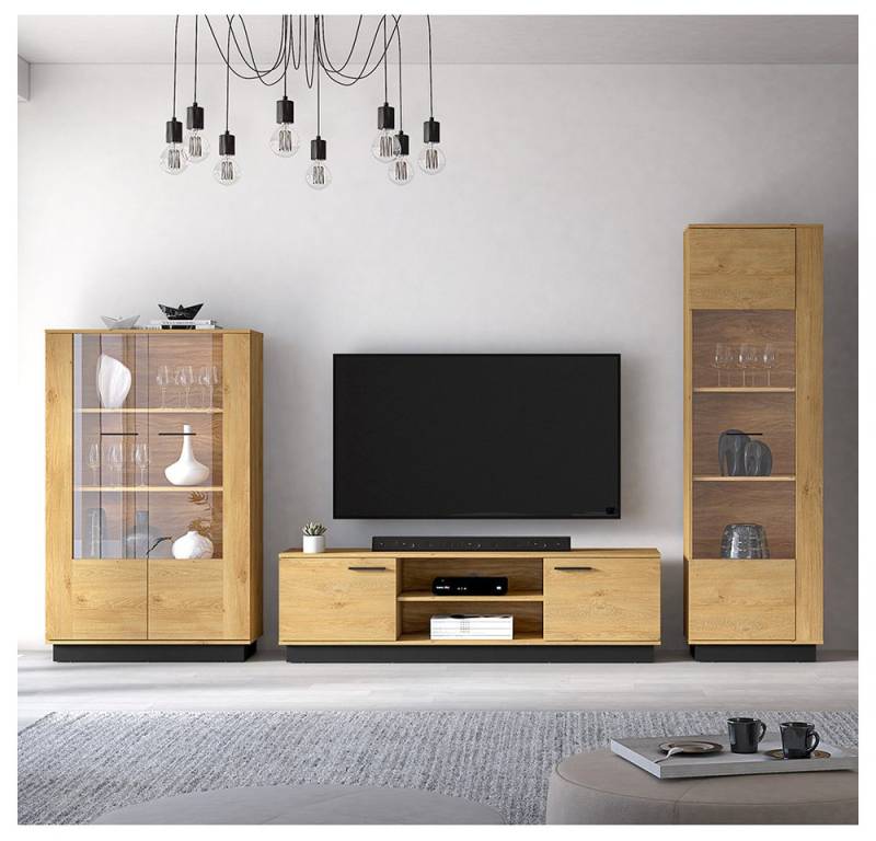 Lomadox Wohnzimmer-Set MARSALA-131, (Mega-Spar-Set, 3-St., Vitrine Vitrinenschrank Lowboard), In Eiche mit schwarzen Akzenten und Softclose-Funktion von Lomadox
