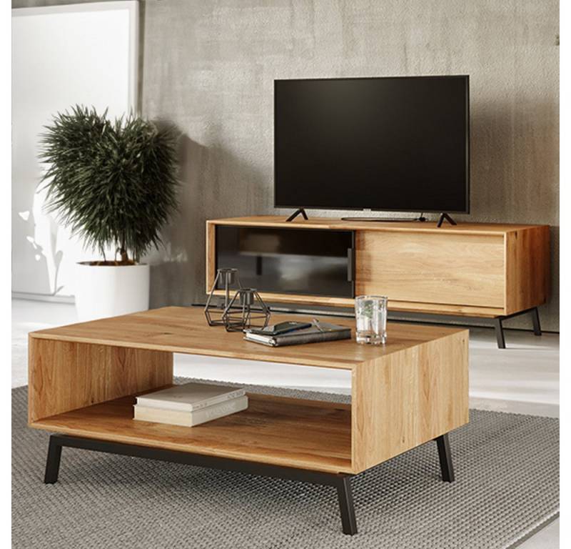 Lomadox Wohnzimmer-Set MATOLA-163, (Mega-Spar-Set, 2-St., Lowboard Couchtisch), Wohnwand mit Couchtisch, Eiche massiv geölt mit Glasfronten von Lomadox