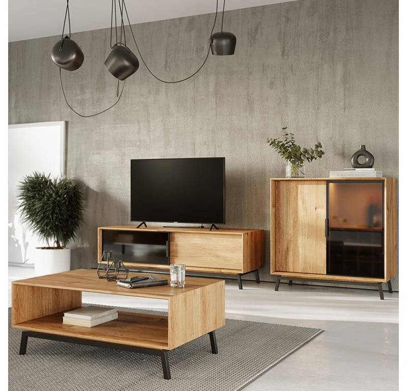 Lomadox Wohnzimmer-Set MATOLA-163, (Mega-Spar-Set, 3-St., Lowboard Schiebetürenkommode Couchtisch), Wohnwand mit Couchtisch, Eiche massiv geölt mit Glasfronten von Lomadox