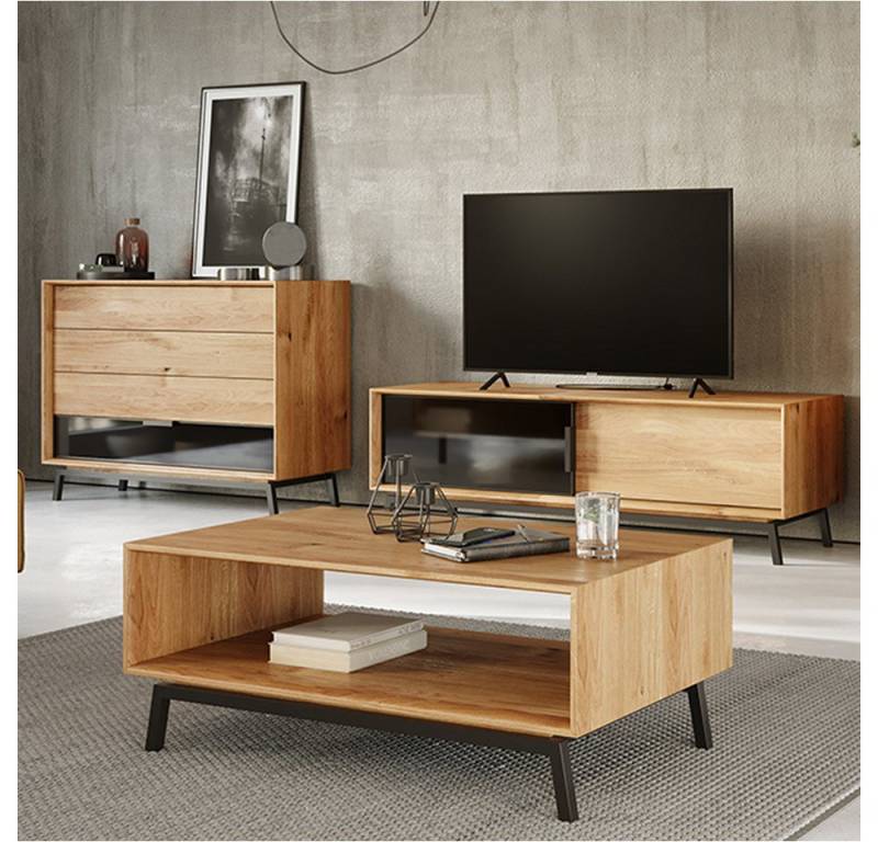 Lomadox Wohnzimmer-Set MATOLA-163, (Mega-Spar-Set, 3-St., Schubladenkommode Lowboard Couchtisch), Wohnwand mit Couchtisch, Eiche massiv geölt mit Glasfronten von Lomadox