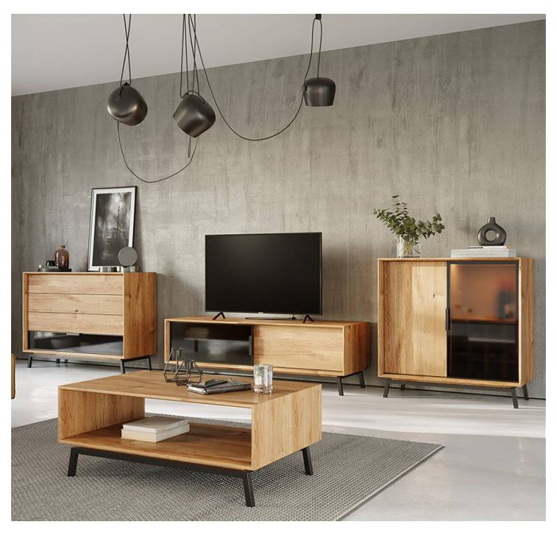 Lomadox Wohnzimmer-Set MATOLA-163, (Mega-Spar-Set, 4-St., Schubladenkommode Lowboard Schiebetürenkommode Couchtisch), Wohnwand mit Couchtisch, Eiche massiv geölt mit Glasfronten von Lomadox