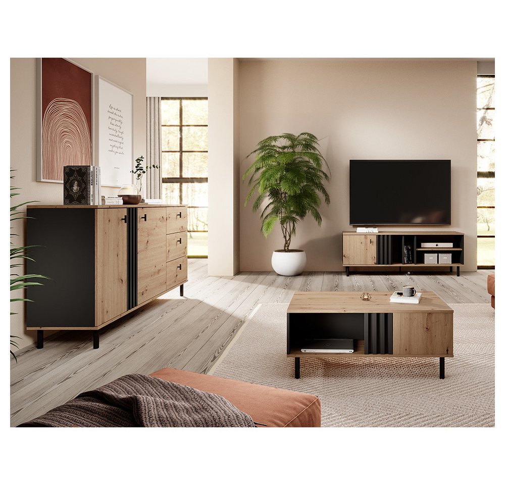 Lomadox Wohnzimmer-Set MATTAWA-167, (Mega-Spar-Set, 3-St., Couchtisch Highboard Lowboard Sideboard), Wohnwand, Eiche Dekor Akustikpaneel Design von Lomadox