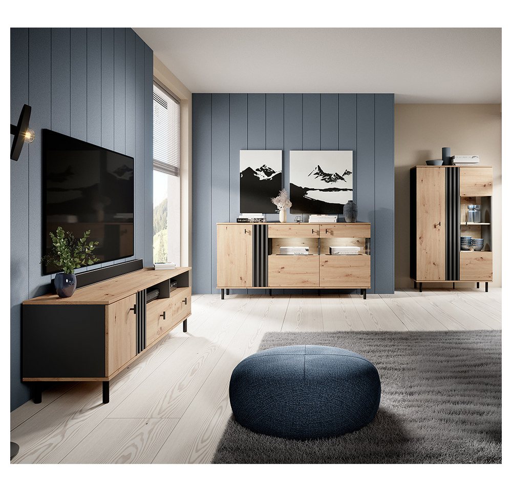 Lomadox Wohnzimmer-Set MATTAWA-167, (Mega-Spar-Set, 3-St., Highboard Lowboard Sideboard), Wohnwand, Eiche Dekor mit Couchtisch und Beleuchtung von Lomadox