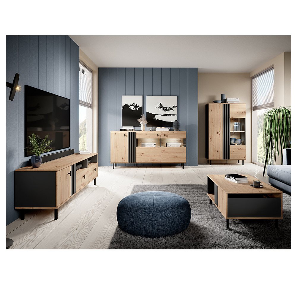 Lomadox Wohnzimmer-Set MATTAWA-167, (Mega-Spar-Set, 4-St., Couchtisch Highboard Lowboard Sideboard), Wohnwand, Eiche Dekor mit Couchtisch und Beleuchtung von Lomadox