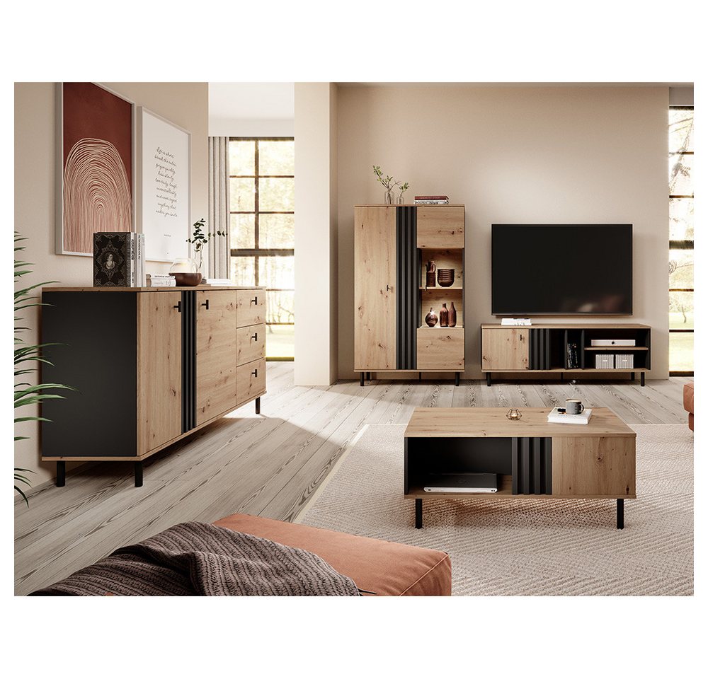 Lomadox Wohnzimmer-Set MATTAWA-167, (Mega-Spar-Set, 4-St., Couchtisch Highboard Lowboard Sideboard), Wohnwand, Eiche Dekor mit Couchtisch und Beleuchtung von Lomadox