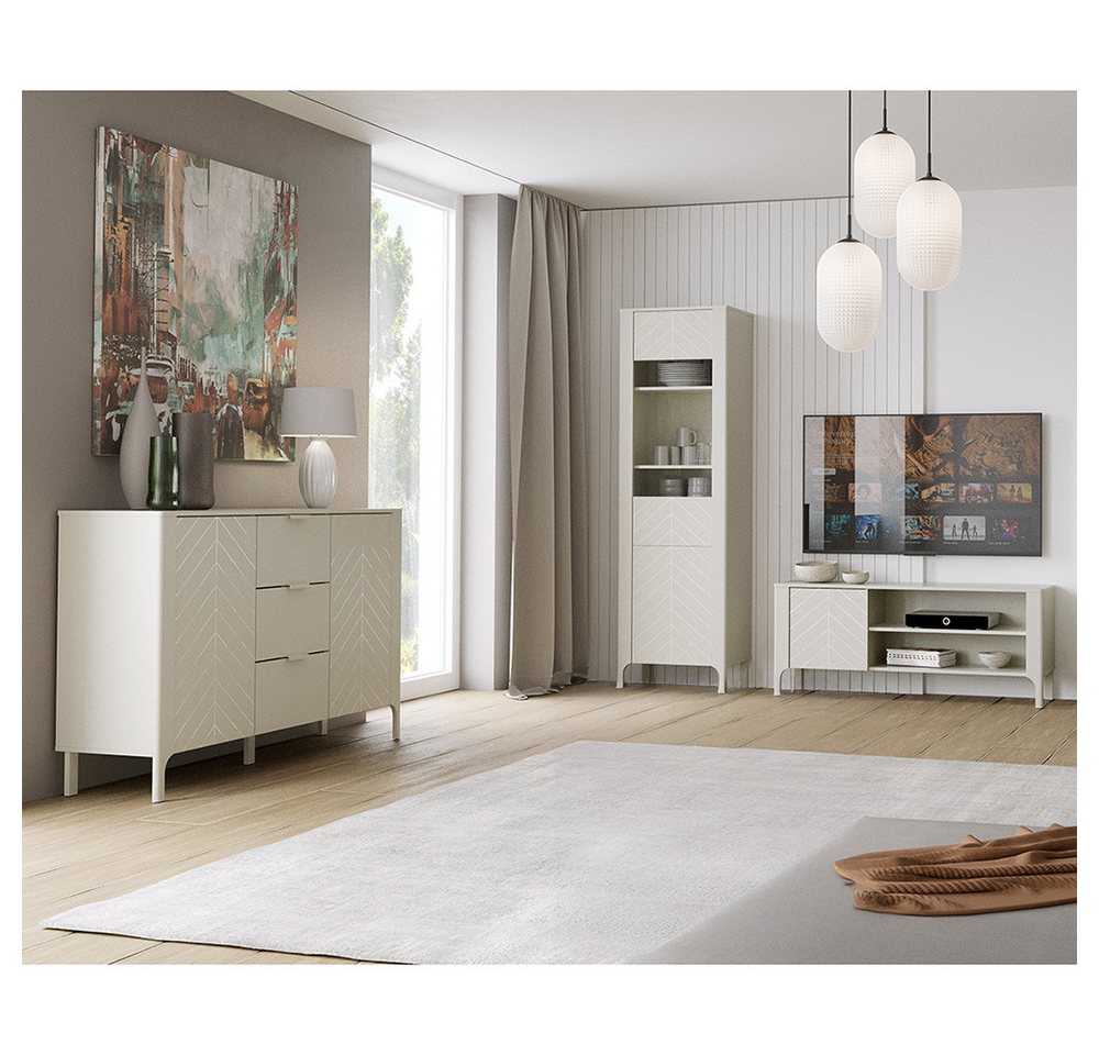 Lomadox Wohnzimmer-Set MAZARA-161, (Mega-Spar-Set, 3-St., Kommode Vitrine Lowboard), Wohnwand mit Fischgrät Dekor, Push-to-Open und Softclose-Funktion von Lomadox