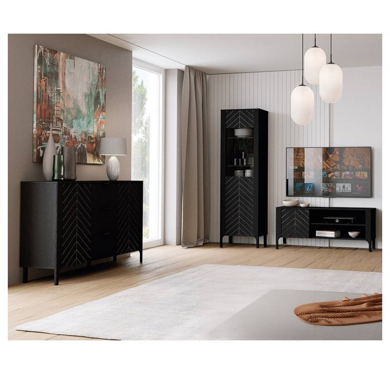 Lomadox Wohnzimmer-Set MAZARA-161, (Mega-Spar-Set, 3-St., Kommode Vitrine Lowboard), Wohnwand mit Fischgrät Dekor, Push-to-Open und Softclose-Funktion von Lomadox