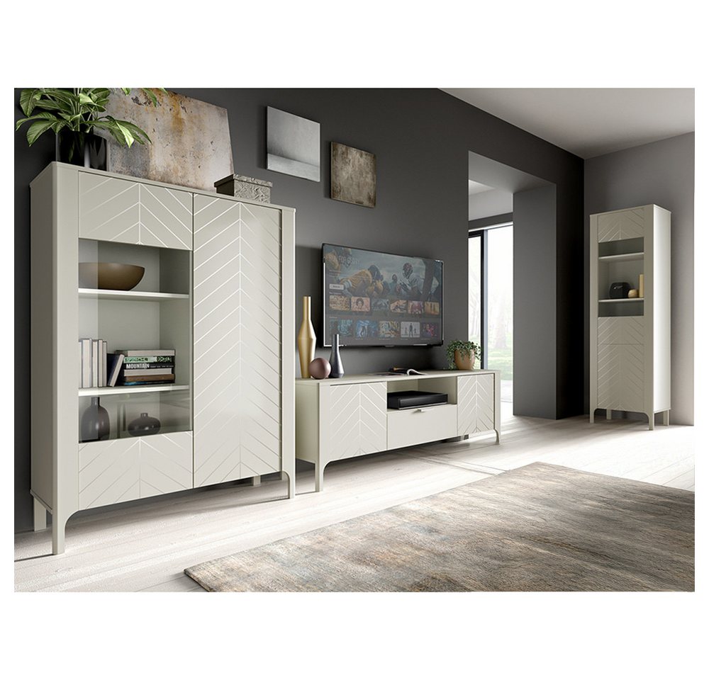Lomadox Wohnzimmer-Set MAZARA-161, (Mega-Spar-Set, 3-St., Vitrine Lowboard Highboard), Wohnwand mit Fischgrät Dekor, Push-to-Open und Softclose-Funktion von Lomadox