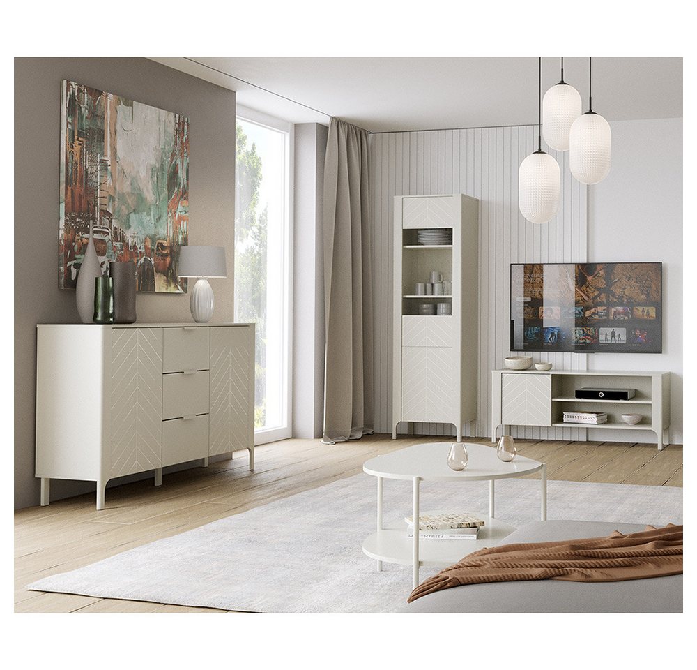 Lomadox Wohnzimmer-Set MAZARA-161, (Mega-Spar-Set, 4-St., Kommode Vitrine Lowboard Couchtisch), Wohnwand mit Fischgrät Dekor, Push-to-Open und Softclose-Funktion von Lomadox