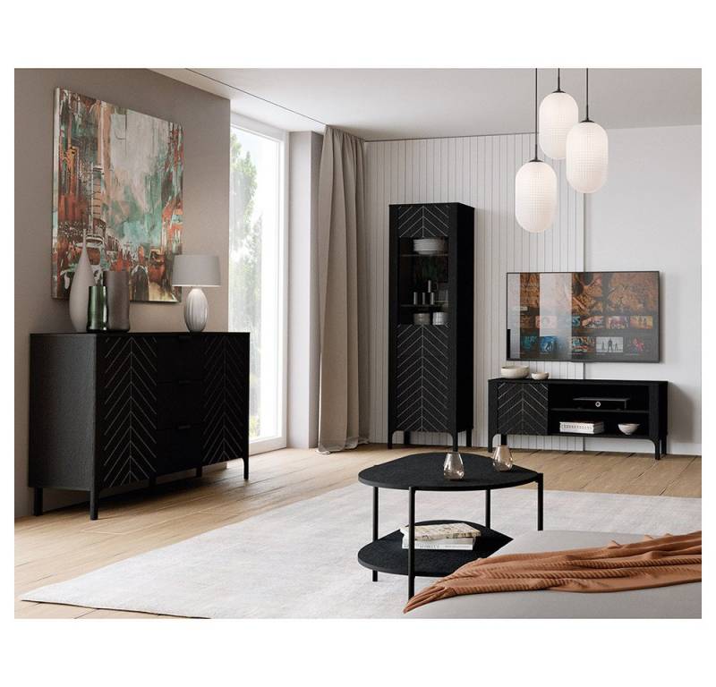 Lomadox Wohnzimmer-Set MAZARA-161, (Mega-Spar-Set, 4-St., Kommode Vitrine Lowboard Couchtisch), Wohnwand mit Fischgrät Dekor, Push-to-Open und Softclose-Funktion von Lomadox