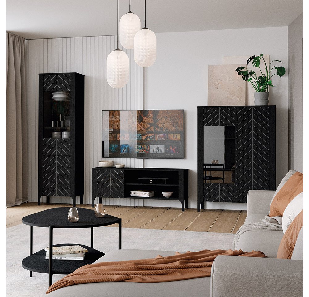 Lomadox Wohnzimmer-Set MAZARA-161, (Mega-Spar-Set, 4-St., Vitrine Lowboard Highboard Couchtisch), Wohnzimmermöbel mit Fischgrät Dekor, Push-to-Open, Softclose-Funktion von Lomadox