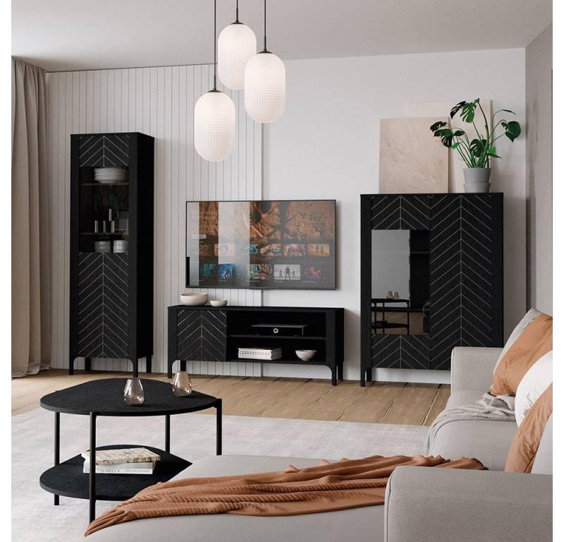 Lomadox Wohnzimmer-Set MAZARA-161, (Mega-Spar-Set, 4-St., Vitrine Lowboard Highboard Couchtisch), Wohnzimmermöbel mit Fischgrät Dekor, Push-to-Open, Softclose-Funktion von Lomadox