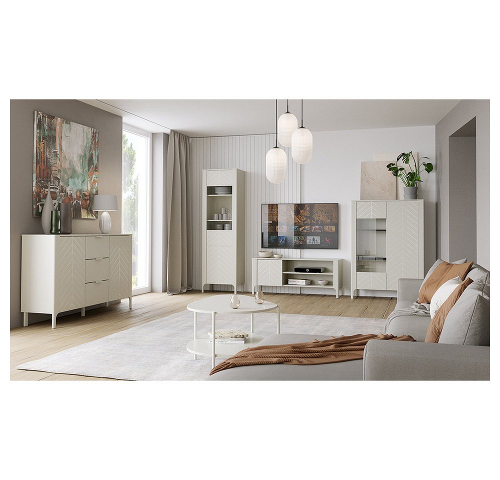 Lomadox Wohnzimmer-Set MAZARA-161, (Mega-Spar-Set, 5-St., Kommode Vitrine Lowboard Highboard Couchtisch), Wohnwand mit Fischgrät Dekor, Push-to-Open und Softclose-Funktion von Lomadox