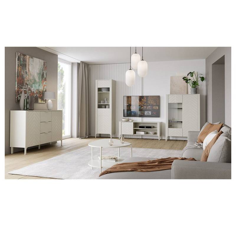 Lomadox Wohnzimmer-Set MAZARA-161, (Mega-Spar-Set, 5-St., Kommode Vitrine Lowboard Highboard Couchtisch), Wohnwand mit Fischgrät Dekor, Push-to-Open und Softclose-Funktion von Lomadox