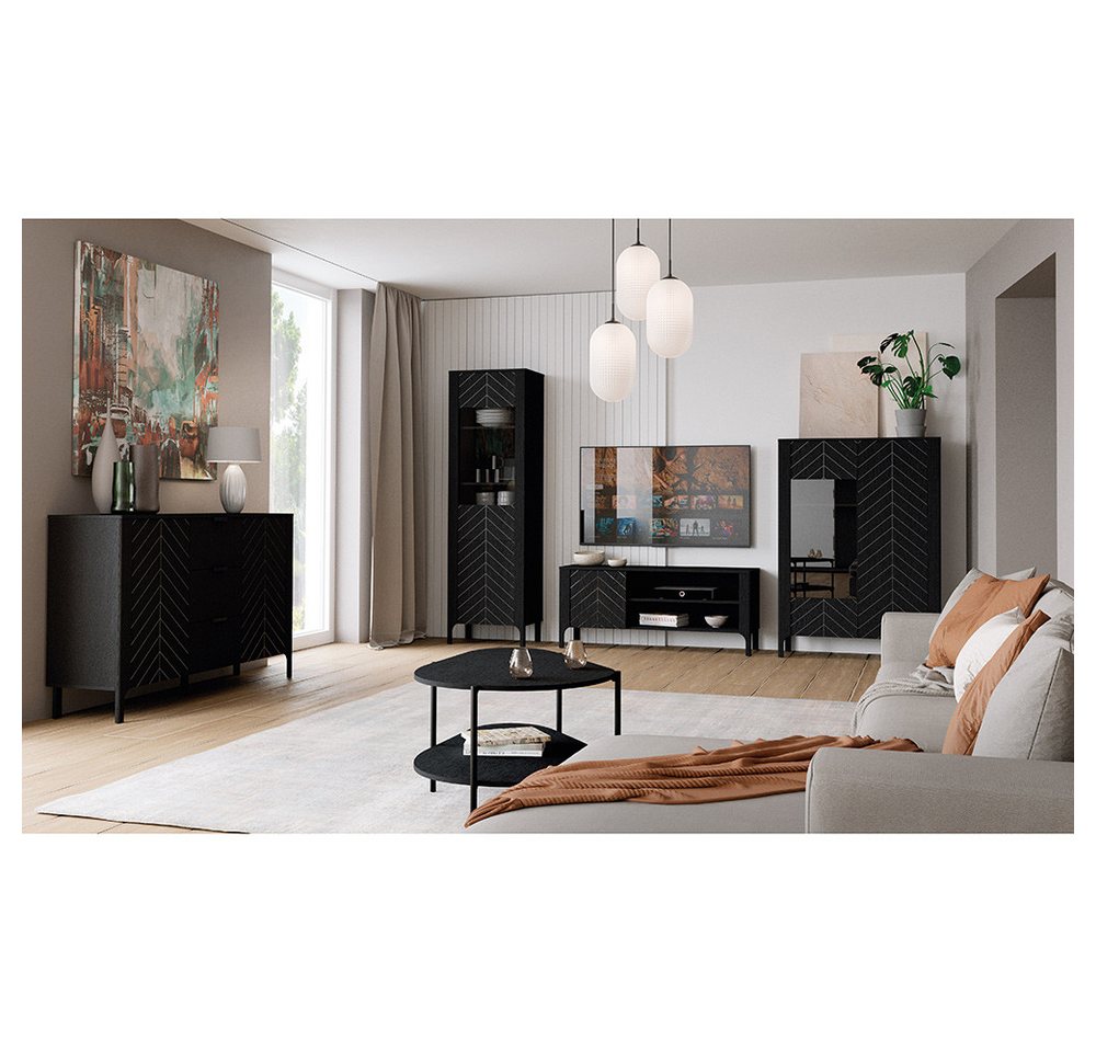 Lomadox Wohnzimmer-Set MAZARA-161, (Mega-Spar-Set, 5-St., Kommode Vitrine Lowboard Highboard Couchtisch), Wohnwand mit Fischgrät Dekor, Push-to-Open und Softclose-Funktion von Lomadox