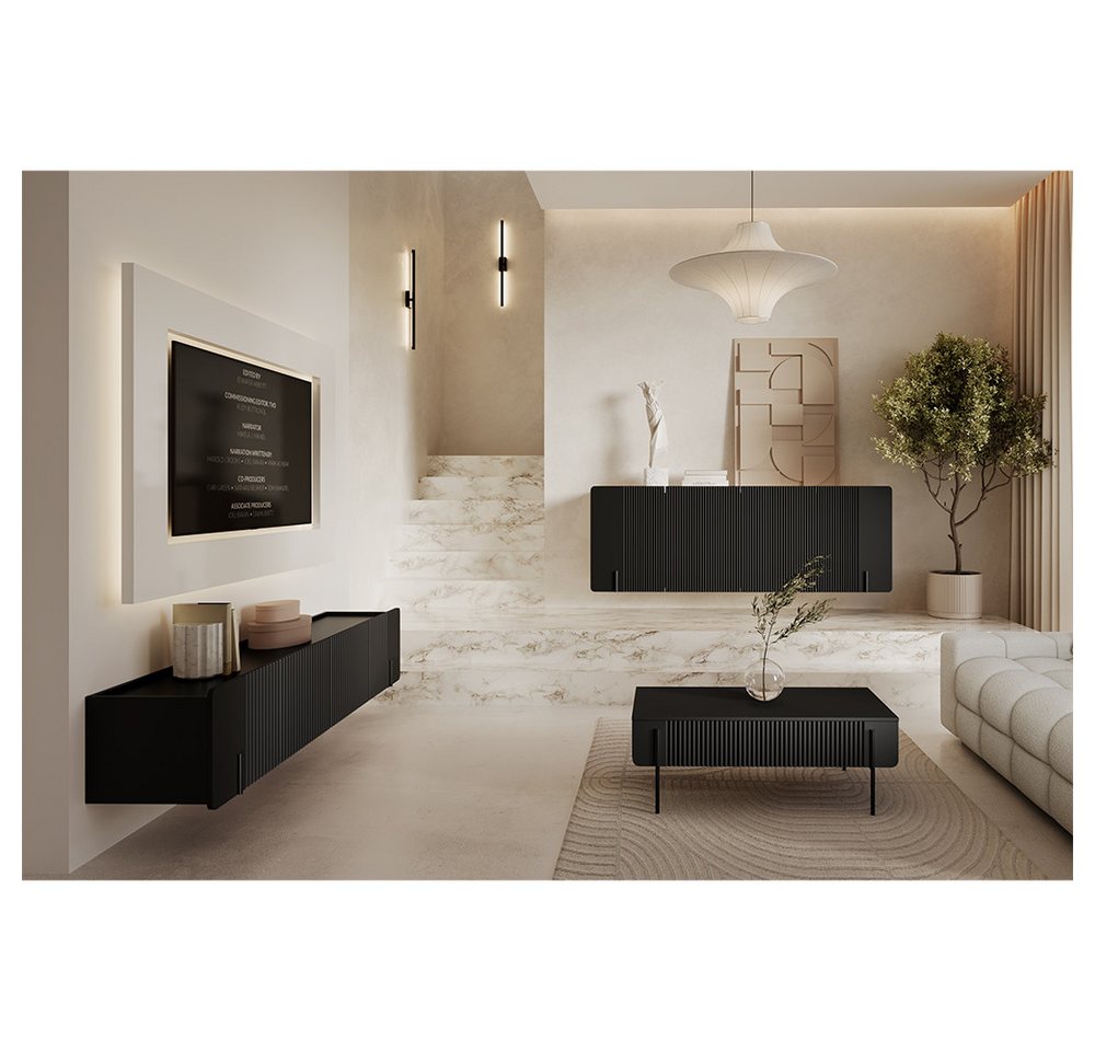 Lomadox Wohnzimmer-Set MEAFORD-141, (Mega-Spar-Set, 3-St., Couchtisch Sideboard Lowboard), in Schwarz matt, Rillenfront, Softclose, griffloses Design, schwebend von Lomadox