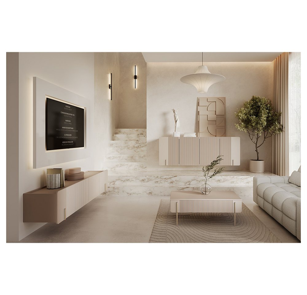 Lomadox Wohnzimmer-Set MEAFORD-141, (Mega-Spar-Set, 3-St., Lowboard Couchtisch Kommode), Kaschmir mit goldfarbenen Akzenten, Rillenfront, griffloses Design von Lomadox