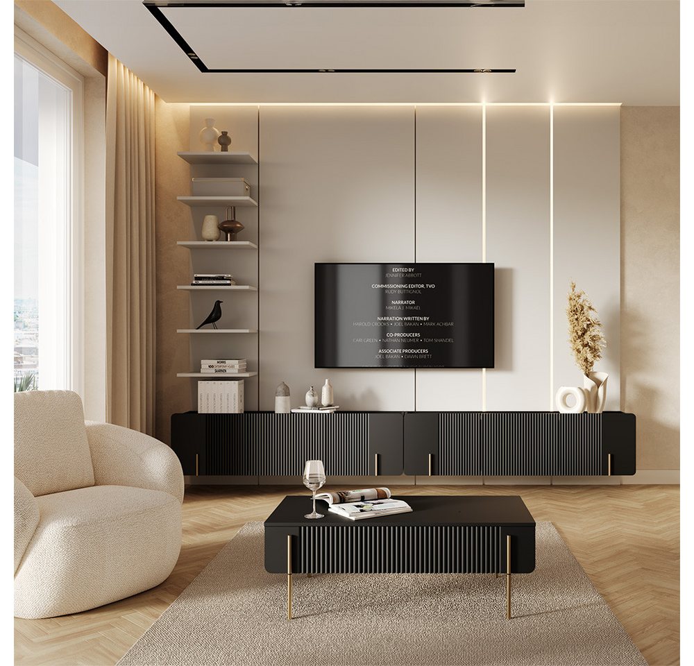 Lomadox Wohnzimmer-Set MEAFORD-141, (Mega-Spar-Set, 3-St., Lowboards Couchtisch), Schwarz matt mit goldfarbenen Metallbeinen, Rillenfront, grifflos von Lomadox