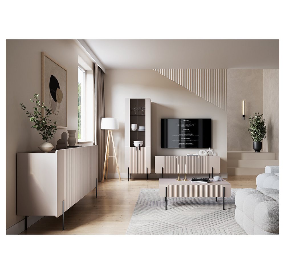 Lomadox Wohnzimmer-Set MEAFORD-141, (Mega-Spar-Set, 4-St., Lowboard Couchtisch Sideboard Vitrine), in Kaschmir, Rillfront, Metallbeine in schwarz, griffloses Design von Lomadox