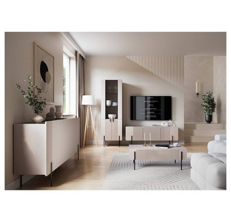 Lomadox Wohnzimmer-Set MEAFORD-141, (Mega-Spar-Set, 4-St., Lowboard Couchtisch Sideboard Vitrine), in Kaschmir, Rillfront, Metallbeine in schwarz, griffloses Design von Lomadox