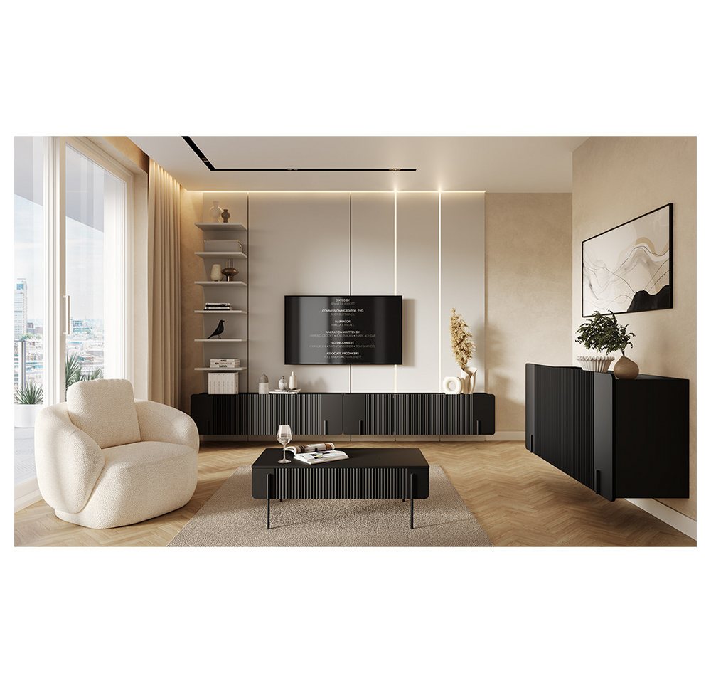 Lomadox Wohnzimmer-Set MEAFORD-141, (Mega-Spar-Set, 4-St., Lowboards Couchtisch Kommode), Schwarz matt, Rillenfront, grifflos, Softclose-Funktion, schwebend von Lomadox