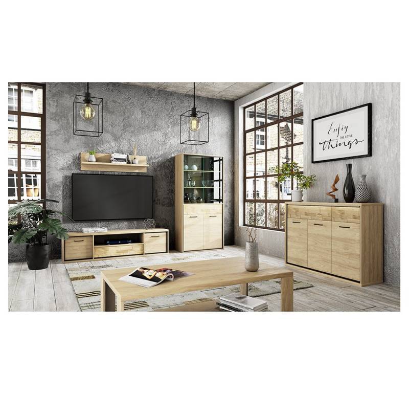Lomadox Wohnzimmer-Set MEGARA-161, (Mega-Spar-Set, 5-St., Lowboard Regal Vitrinenschrank Sideboard Couchtisch), Wohnzimmermöbel Kommode modern in braun mit Eiche Hickory Design von Lomadox