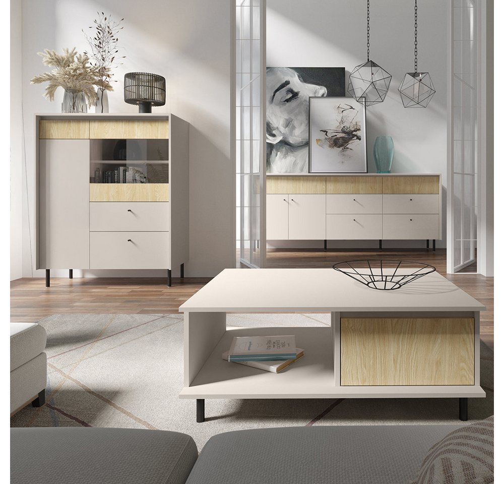 Lomadox Wohnzimmer-Set MENA-133, (Mega-Spar-Set, 3-St., Highboard Couchtisch Sideboard Lowboard Wandboard), beige Eiche Dekor modern Metallfüße Knopfgriffe Wohnzimmerschränke von Lomadox