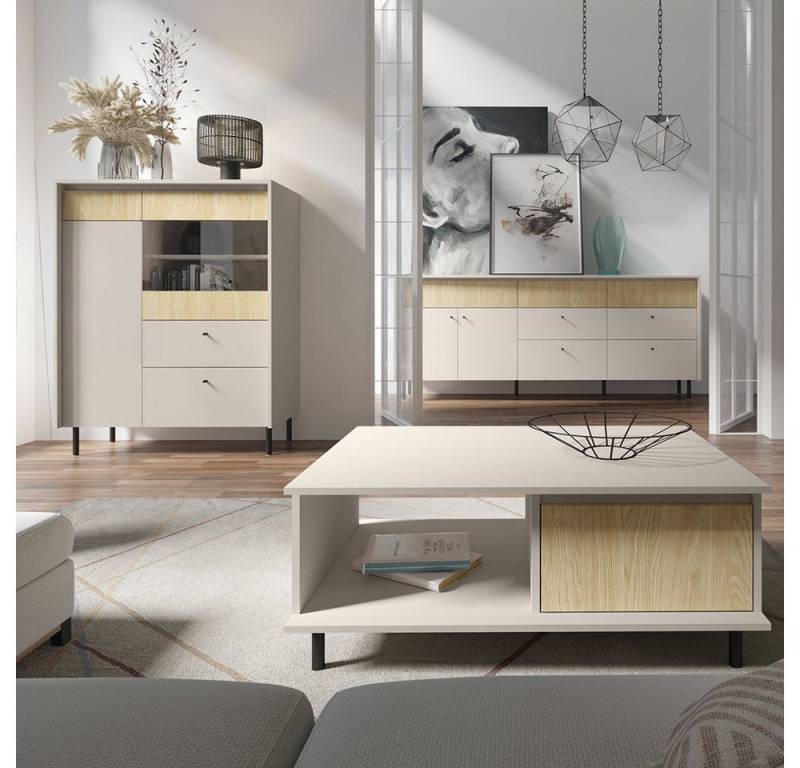Lomadox Wohnzimmer-Set MENA-133, (Mega-Spar-Set, 3-St., Highboard Couchtisch Sideboard Lowboard Wandboard), beige Eiche Dekor modern Metallfüße Knopfgriffe Wohnzimmerschränke von Lomadox