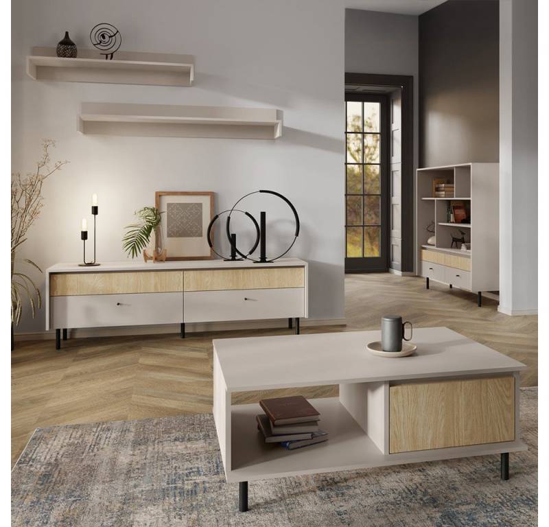 Lomadox Wohnzimmer-Set MENA-133, (Mega-Spar-Set, 5-St., Couchtisch Lowboard Wandboards Highboard Sideboard), beige Eiche Dekor modern Metallfüße Knopfgriffe Wohnzimmermöbel von Lomadox