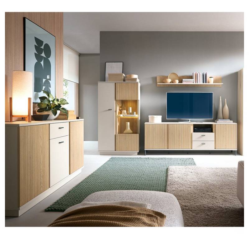 Lomadox Wohnzimmer-Set MOLINA-129, (Mega-Spar-Set, 4-St., Highboard Kommode Lowboard Wandregal), Wohnzimmermöbel in Eiche & kaschmir mit Softclose & LED-Beleuchtung von Lomadox