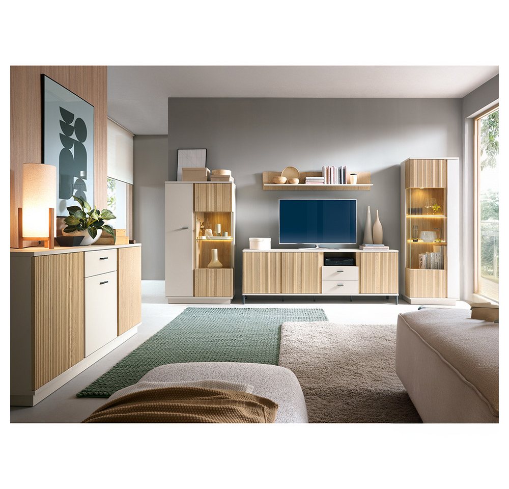 Lomadox Wohnzimmer-Set MOLINA-129, (Mega-Spar-Set, 5-St., Highboard Kommode Lowboard Vitrine Wandregal), Wohnzimmermöbel in Eiche & kaschmir mit Softclose & LED-Beleuchtung von Lomadox