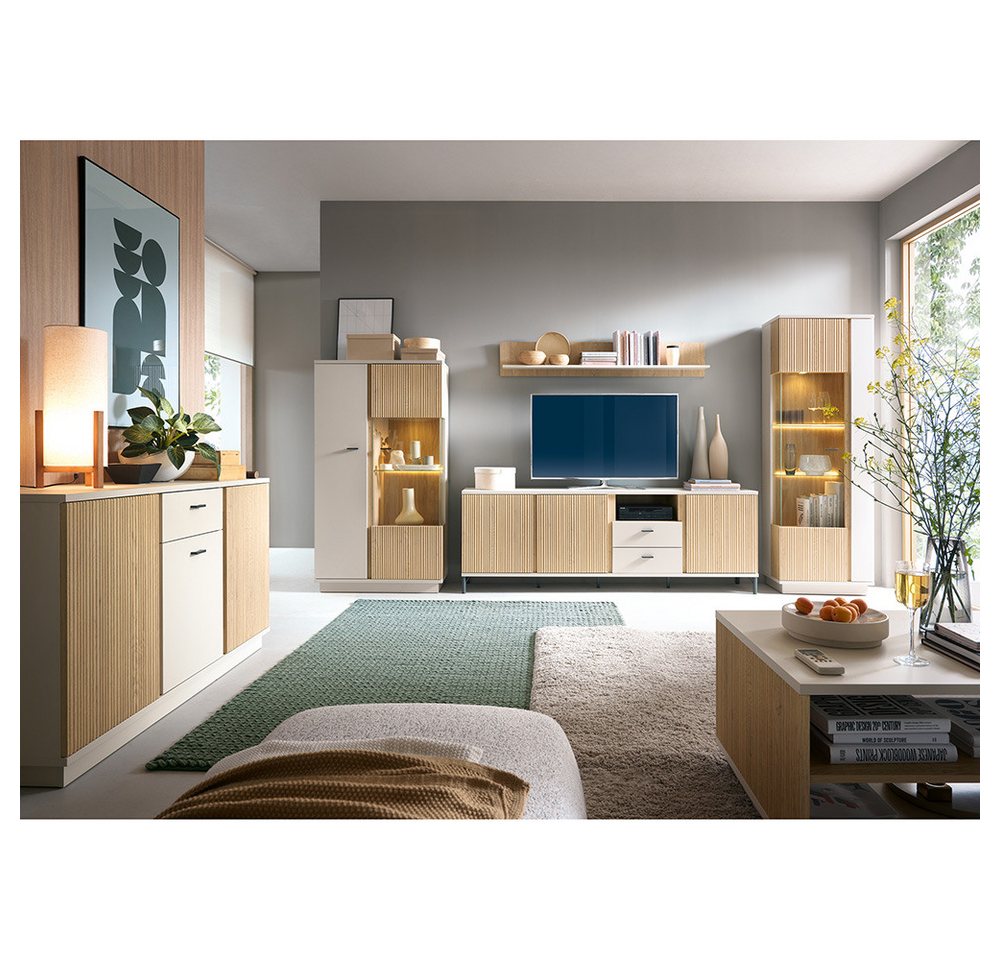 Lomadox Wohnzimmer-Set MOLINA-129, (Mega-Spar-Set, 6-St., Highboard Kommode Sideboard Vitrine Esstisch), Wohnzimmermöbel in Eiche & kaschmir mit Softclose & LED-Beleuchtung von Lomadox