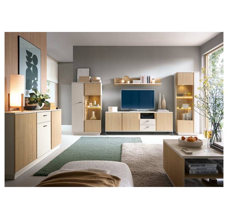Lomadox Wohnzimmer-Set MOLINA-129, (Mega-Spar-Set, 6-St., Highboard Kommode Sideboard Vitrine Esstisch), Wohnzimmermöbel in Eiche & kaschmir mit Softclose & LED-Beleuchtung von Lomadox