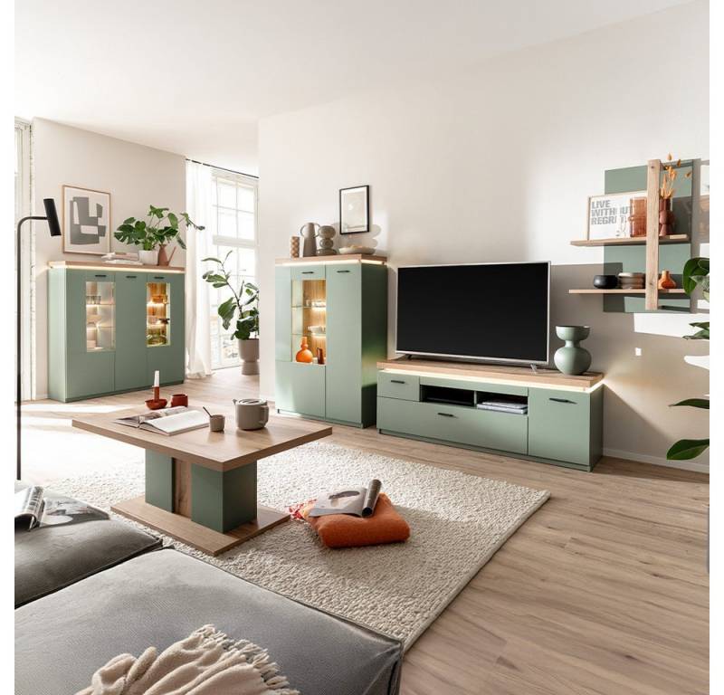 Lomadox Wohnzimmer-Set MOSTAR-05, (Mega-Spar-Set, 5-St., Highboard Fernsehschrank Wandregal Highboard Couchtisch), Grün mit Eiche, LED-Beleuchtung von Lomadox