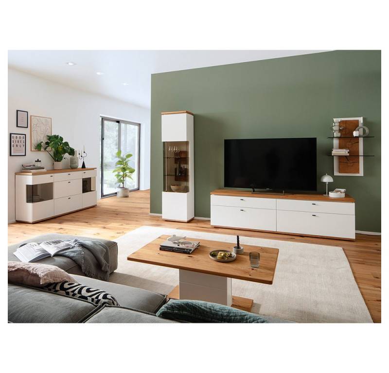Lomadox Wohnzimmer-Set MULLINGAR-05, (Mega-Spar-Set, 5-St., Vitrine Lowboard Wandregal Couchtisch Sideboard Beleuchtung), Wohnwand mit LED-Beleuchtung, weiß mit Eiche, montiert von Lomadox