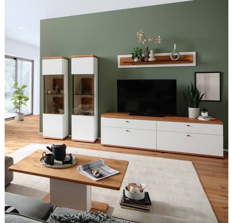 Lomadox Wohnzimmer-Set MULLINGAR-05, (Mega-Spar-Set, 5-St., Vitrinen Wandboard Lowboard Couchtisch), Wohnwand, weiß mit Eiche, montiert von Lomadox