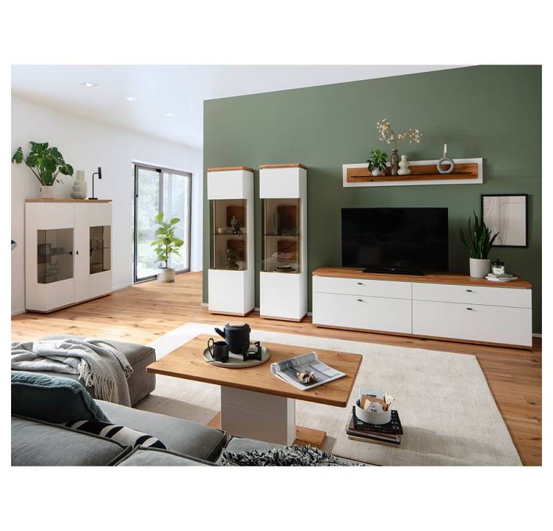 Lomadox Wohnzimmer-Set MULLINGAR-05, (Mega-Spar-Set, 6-St., Vitrinen Wandboard Lowboard Couchtisch Highboard), Wohnwand, weiß mit Eiche, montiert von Lomadox